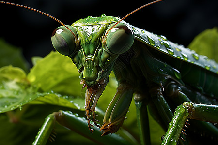 绿叶背景里的螳螂图片