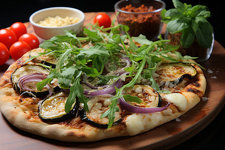 木板台木板上的蔬菜披萨背景