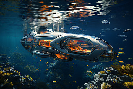 潜水艇在海底漂浮图片