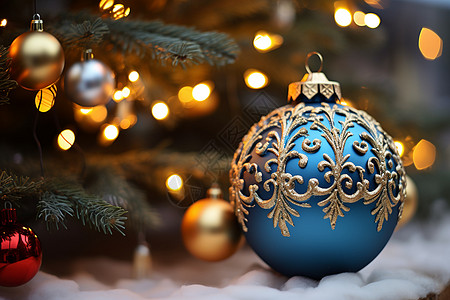 圣诞树上的蓝色饰品图片