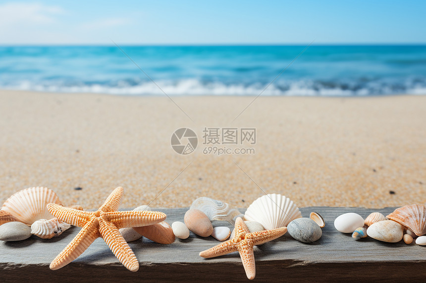 夏日海滩上的一排海星和贝壳图片