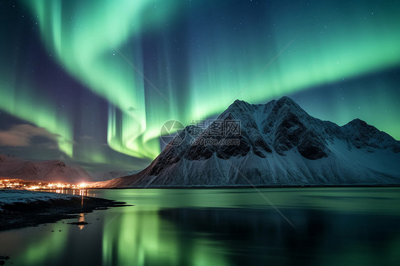北极的湖泊和山脉上绽放着极光图片