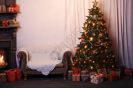 家中圣诞树和地上的礼物图片