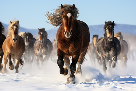白雪中奔跑的一群马图片