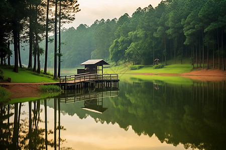 湖边休息的小屋图片