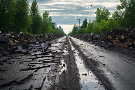 轮胎破损泥泞破损的道路背景