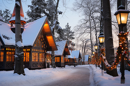 圣诞村庄的雪景背景图片