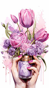美甲海报手绘玻璃瓶花束高清图片
