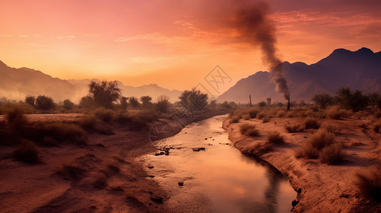 日落下沙漠烟雾图片
