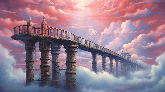 白云围绕的桥梁图片