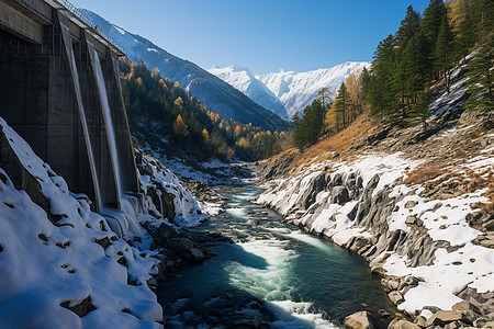 冬季山间的河流景观图片