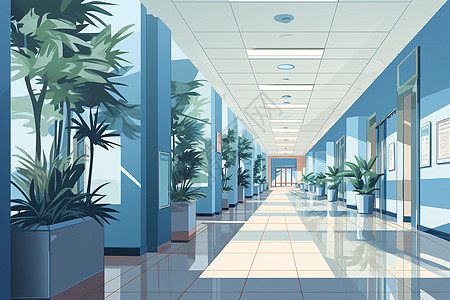 酒店绿植医院内的走廊插画