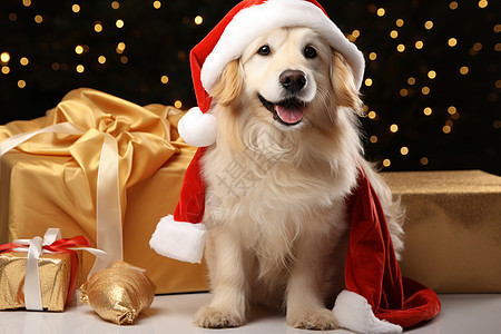 圣诞礼物旁的金毛幼犬图片