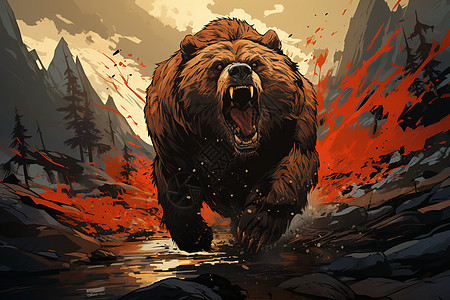 山脉中凶猛奔跑的熊图片