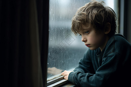 玻璃窗前悲伤的男孩图片