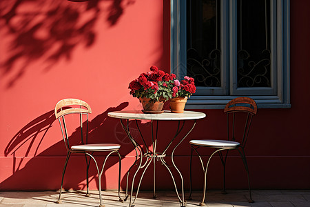 窗户影子红色墙壁前的桌椅背景