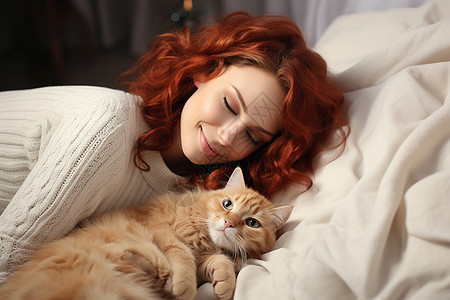 床上抱着小猫的女孩图片