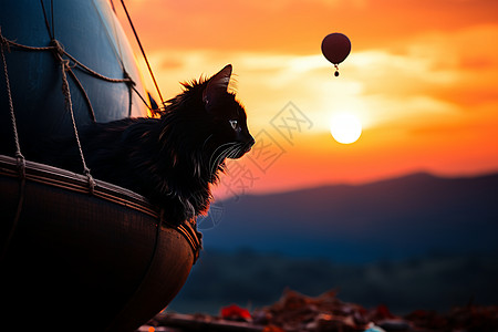 日气球日落下的动物小猫背景