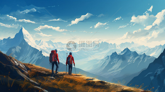 山脉上的登山队图片