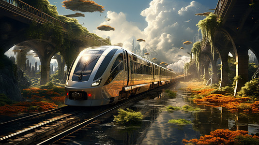 铁路风景行驶的运输列车设计图片