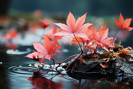 醉美红色枫叶水中红叶之美背景
