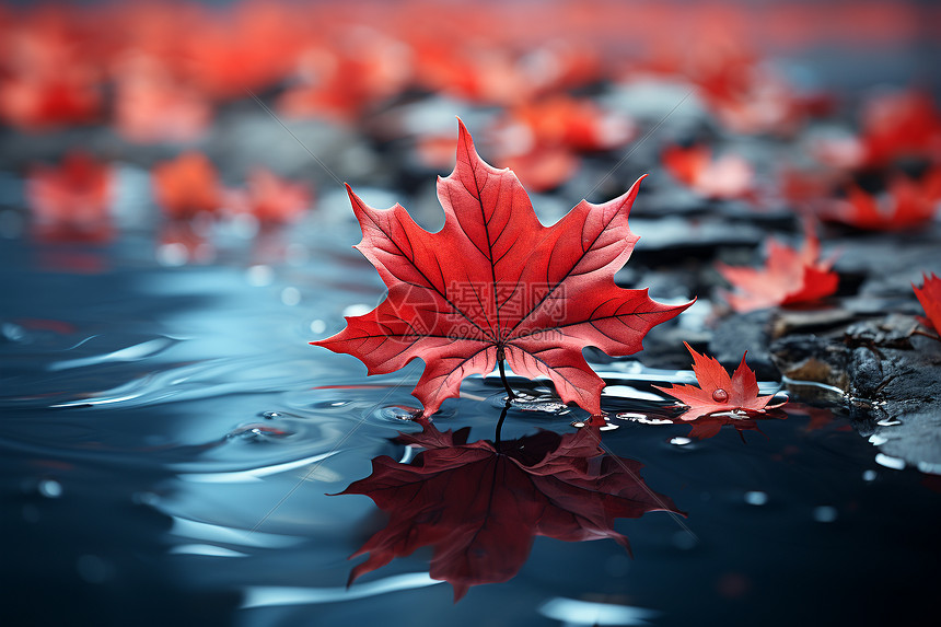 红叶飘浮水面的唯美景色图片