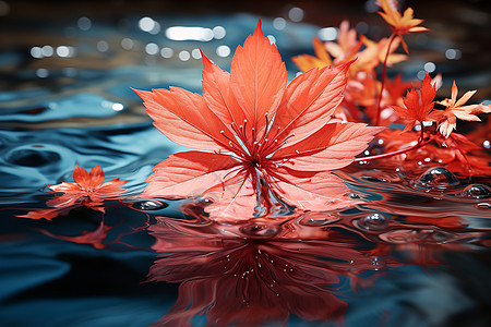 水面上漂浮的枫叶图片