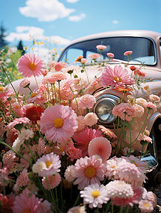 粉红色花朵装饰的车图片