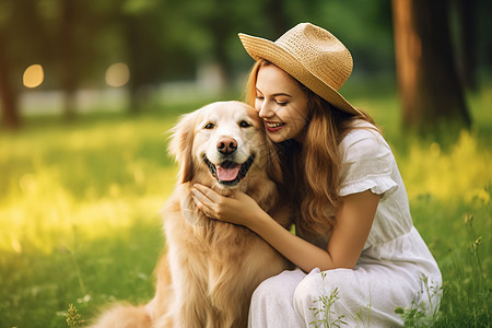 夏日公园里戴着草帽的女士和狗图片