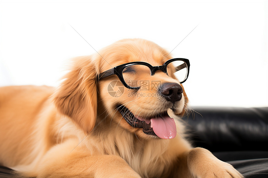 一只戴着眼镜趴在上的金毛猎犬图片