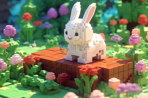 玩具兔子与花园图片
