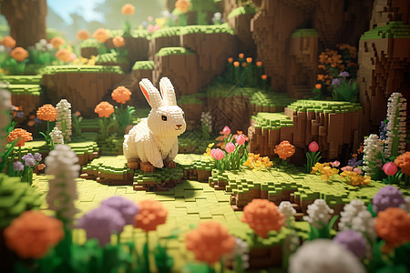玩具兔子在鲜花丛中探索图片