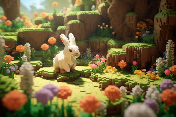 玩具兔子在鲜花丛中探索图片