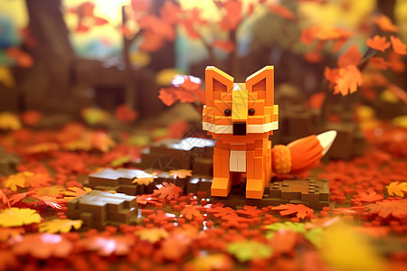 落叶堆里的玩具狐狸。图片