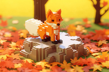 玩具狐狸享受落叶图片