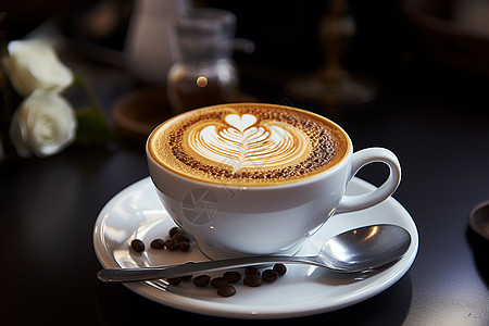 咖啡杯上有心形图案高清图片