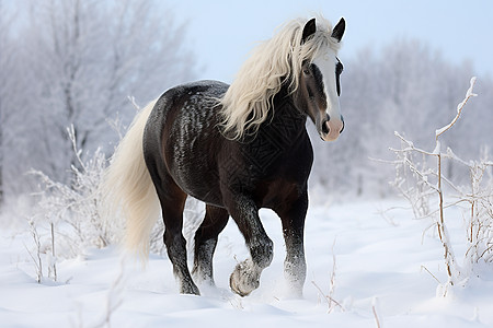 张掖马场冬季雪山中白色鬓毛的马匹背景