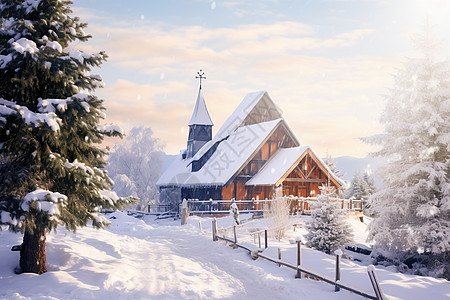 冬日童话的雪中教堂图片