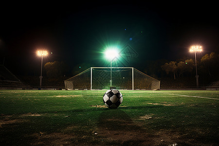 夜晚足球场上的足球背景图片