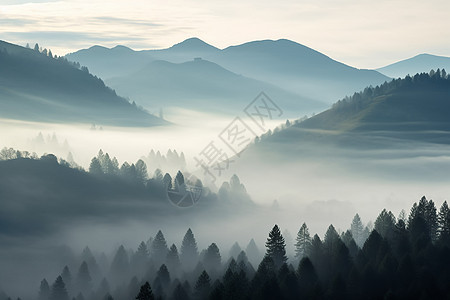 清晨薄雾笼罩的山林景观图片