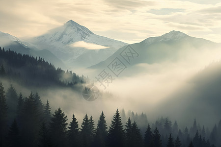 雾气弥漫的山林景观图片