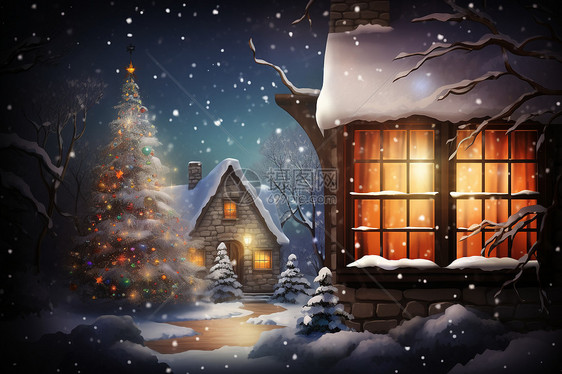 梦幻的雪中圣诞树图片
