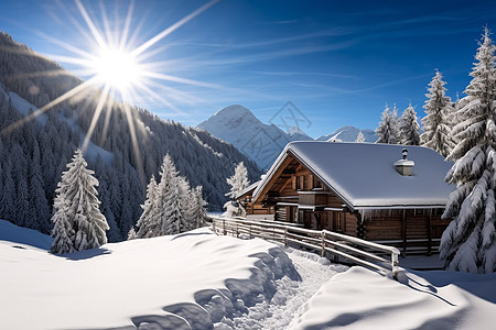 雪山户外的木屋图片