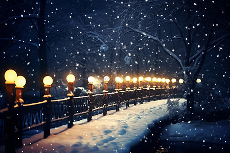 公园夜景冬季雪中的公园小路设计图片