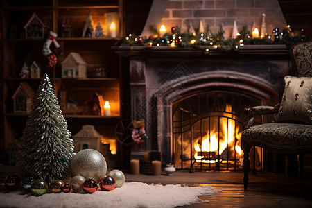 炉火旁的圣诞树装饰品背景图片