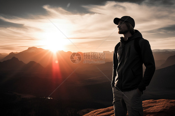 日出山顶帅气的男子图片