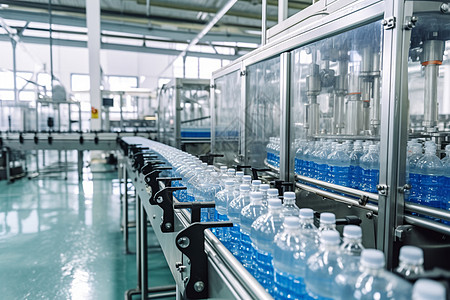 饮料加工自动生产线上一排瓶装水背景