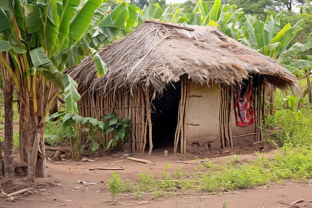 村庄中的茅草屋背景图片