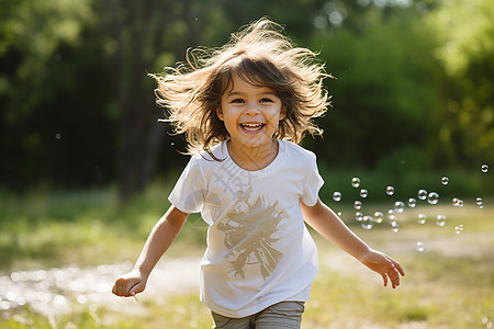 草地上快乐奔跑的小女孩图片