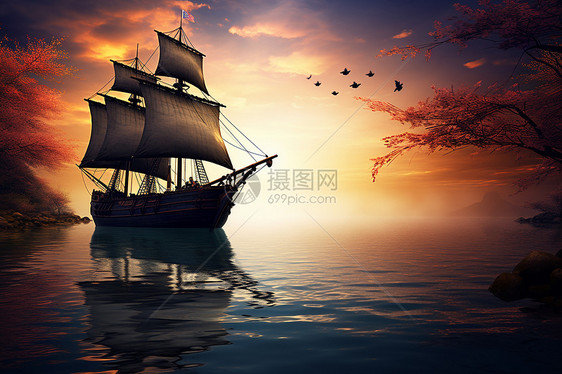 航行的帆船图片